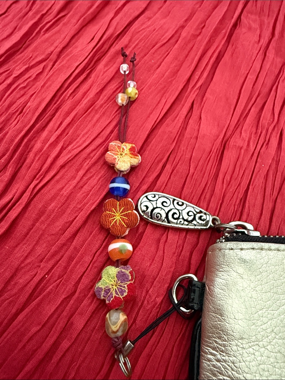 Brighton gold Wristlet with Red Flower Appliqué and Beaded Charm - Picture 3 of 10